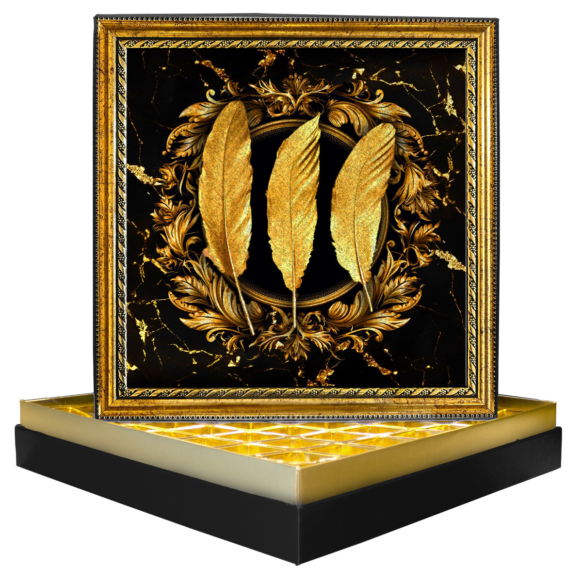 Simli Altın Tüy Simli Çerçeveli Çikolata Kutusu