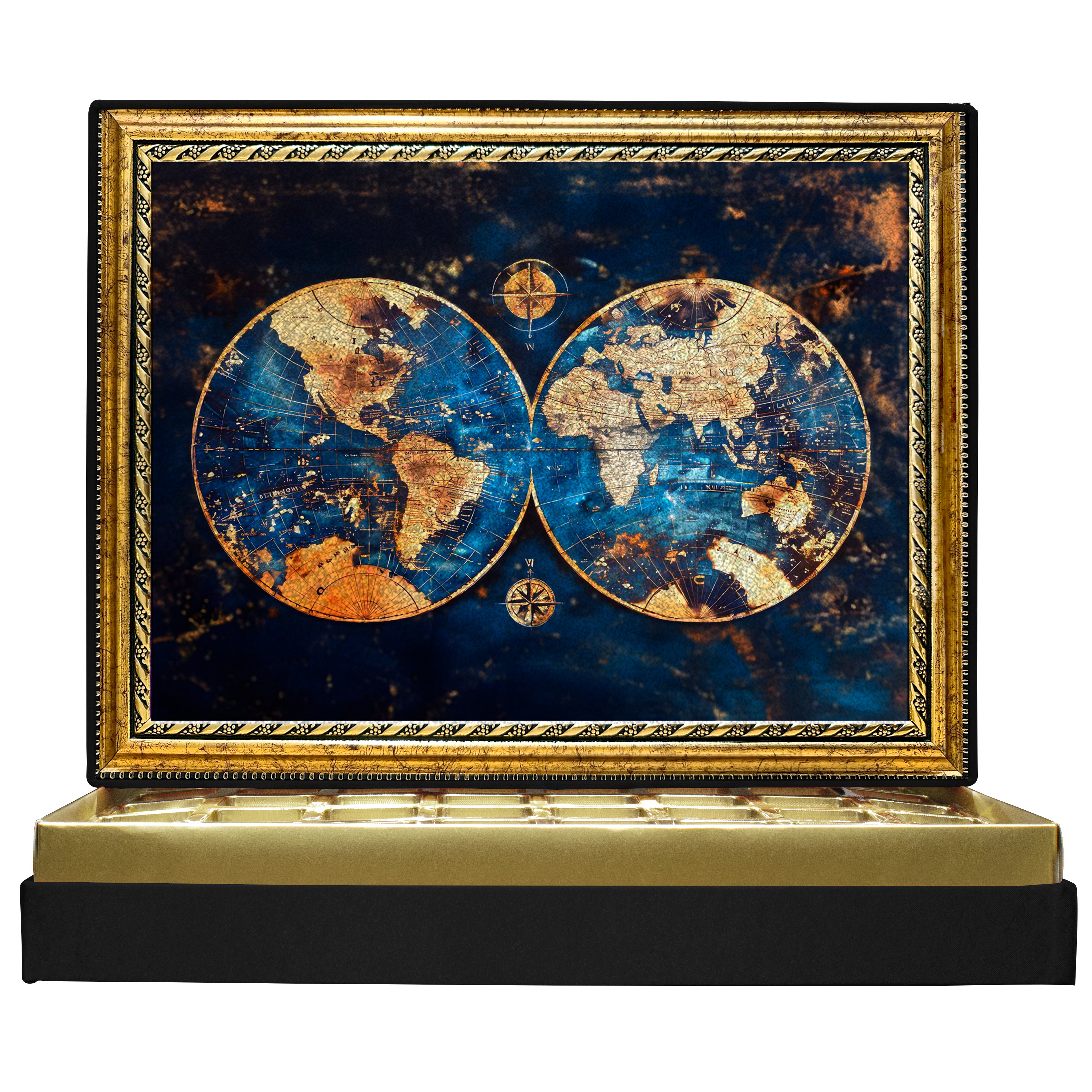 Simli Dünya Haritası Simli Çerçeveli Çikolata Kutusu