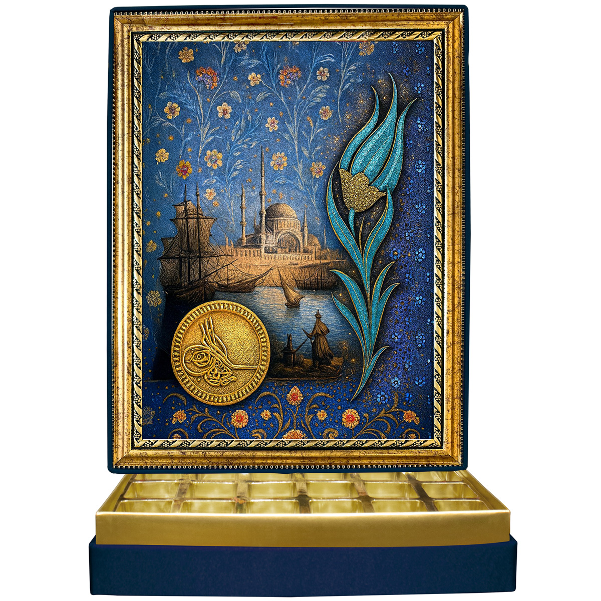 Simli Lale Ve Altın Para Simli Çerçeveli Çikolata Kutusu