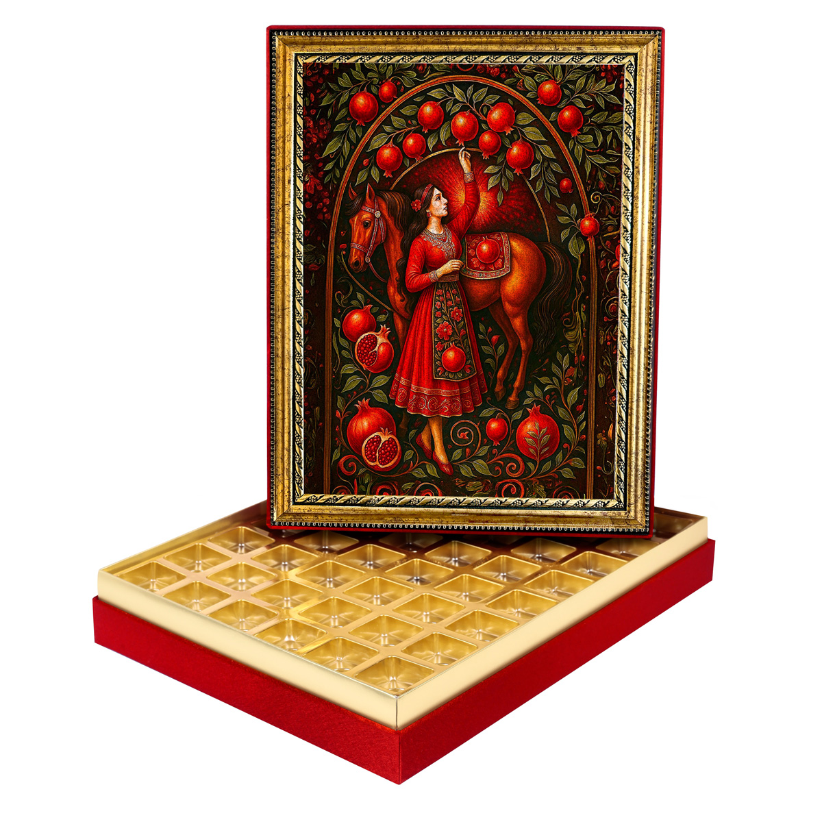 Simli Nar Bahçesindeki Kadın Simli Çerçeveli Çikolata Kutusu