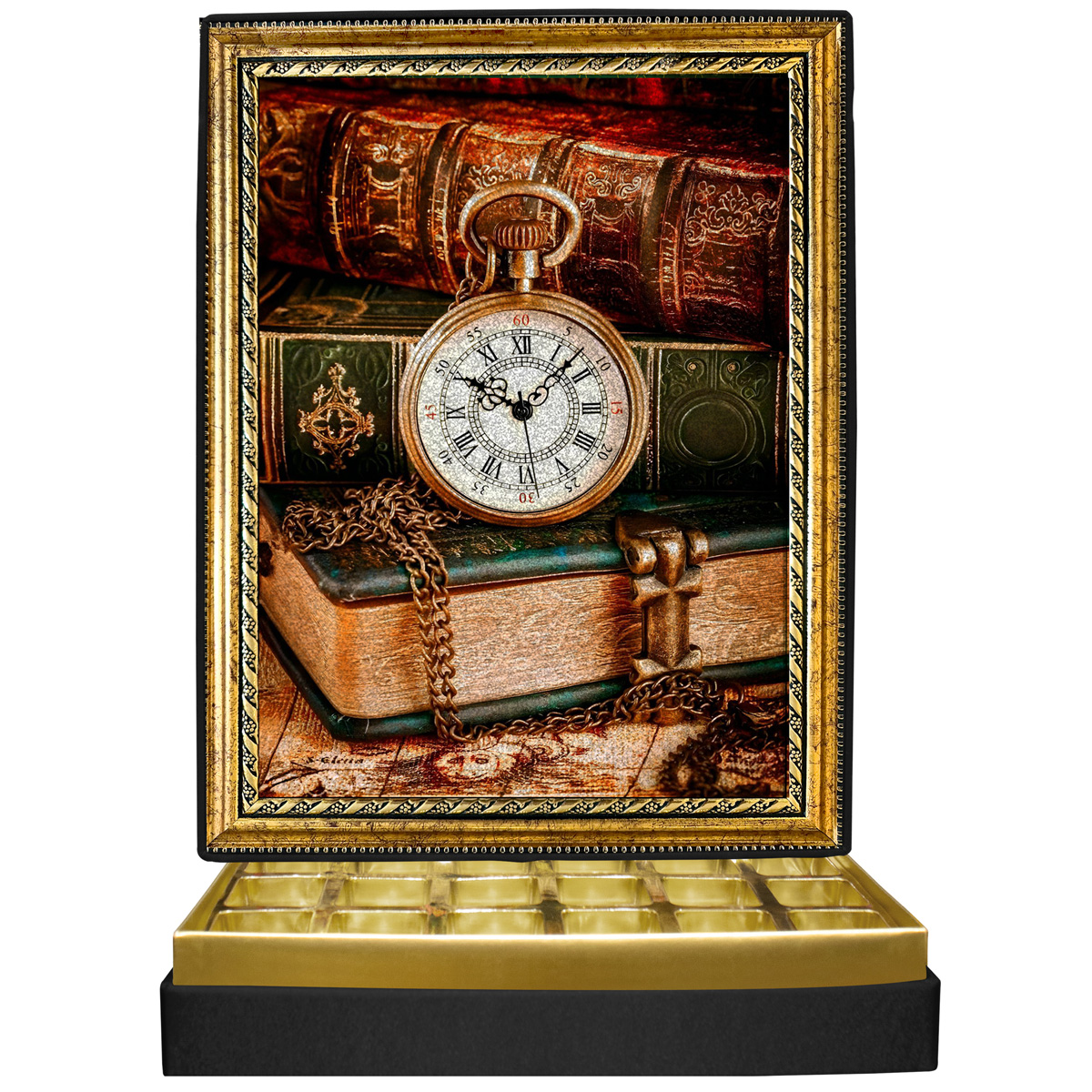 Simli Saat Ve Kitaplar Simli Çerçeveli Çikolata Kutusu